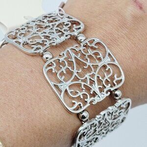 New Directions Stretch Metal Open Work Panel Bracelet SIlver Tone New On Card
